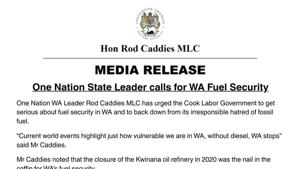 Rod Caddies Demands WA Fuel Security Plan
