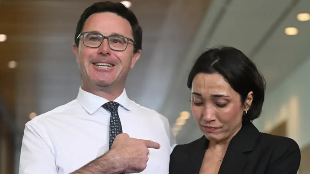 David Littleproud was joined by his wife Amelia as he announced he was resigning as leader of the Nationals. Photograph: Lukas Coch/AAP