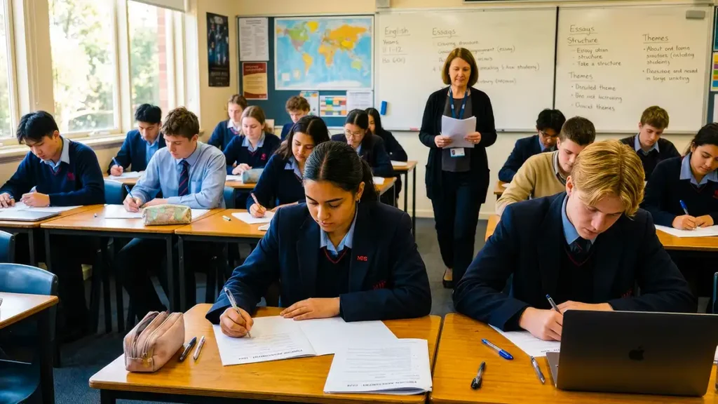 Year 12 students at Melbourne’s Mazenod College during school assessment amid AI investigation.