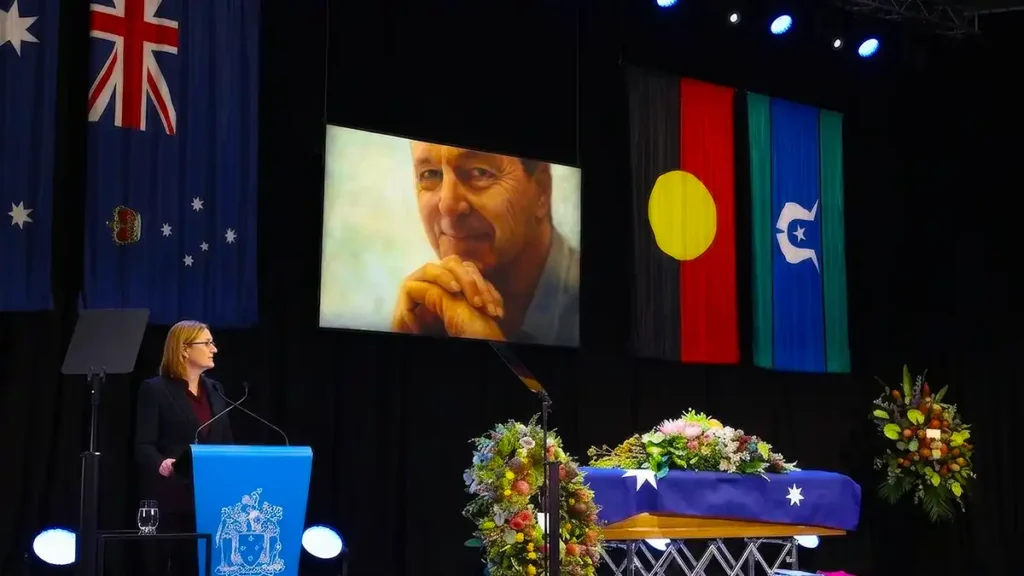 Jacinta Allan delivering a tribute during Neale Daniher’s state funeral in Victoria.