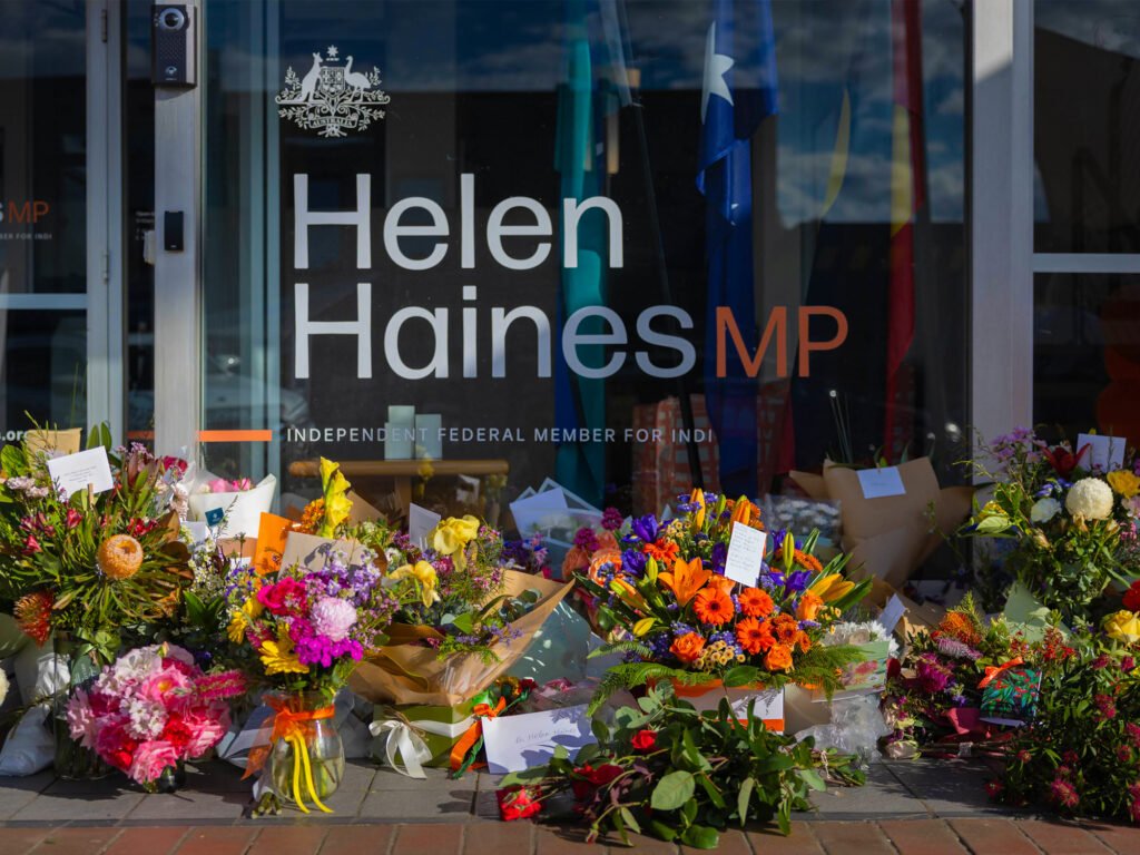 Flowers and messages of support outside Helen Haines’s electorate office in Wangaratta.