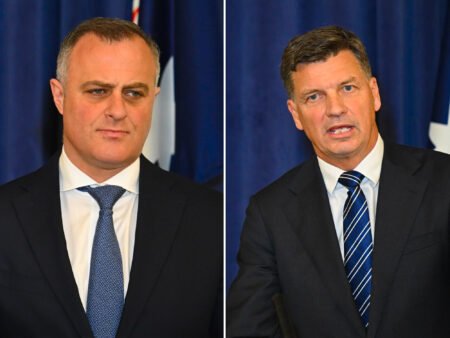 Angus Taylor Offers Coalition Support for New Security Measures Angus Taylor and Tim Wilson speak to reporters at Parliament House in Canberra.